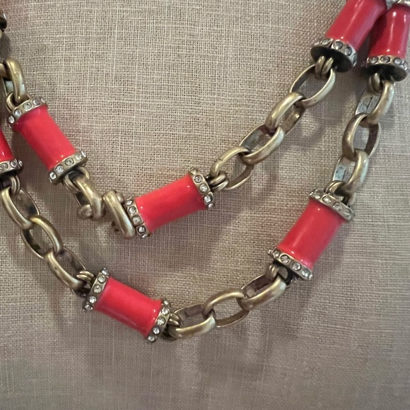 J.Crew Muted Gold Tone Double Strand Necklace with Coral Color and Crystals - Picture 5 of 5